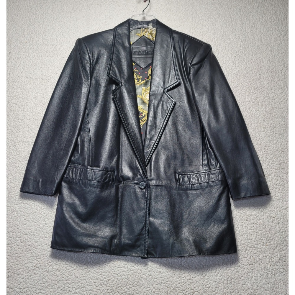 Preston & York Black Lambskin Leather Blazer Baroque Lining Vintage Womens P/M
